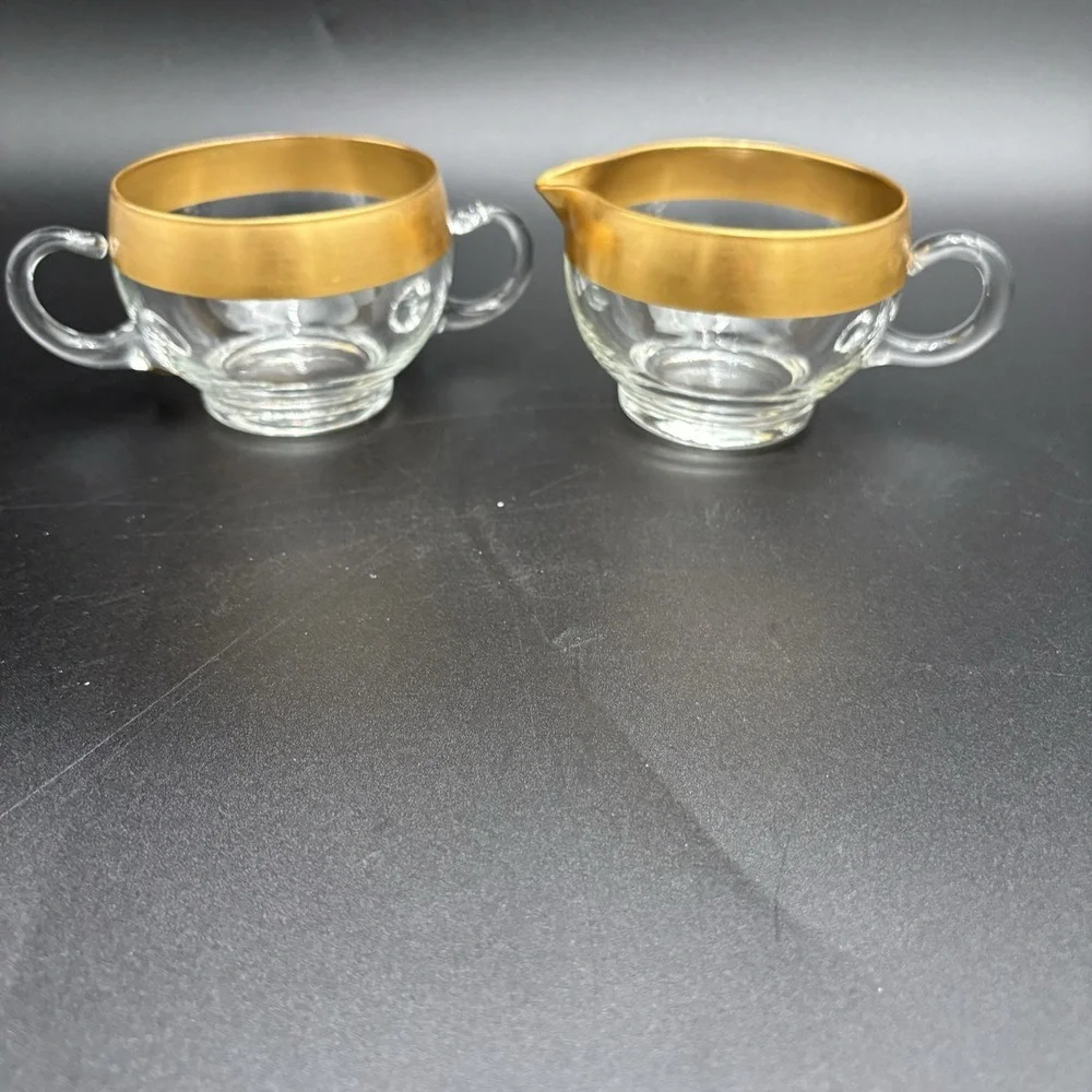 Vtg Dorothy Thorpe Glass Sugar Creamer Set Gold Band 60s MCM Retro